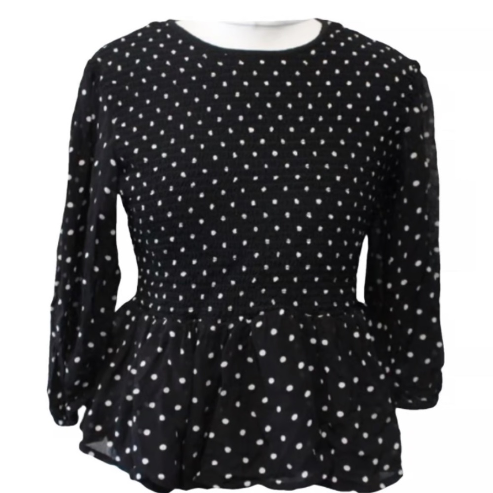 GANNI Size 36 Black 3/4 Length Blouse with White Polka Dots